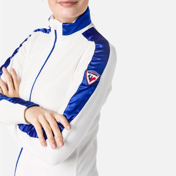 Rossignol White Velour & Blue Satin Stripe Zip Up Track Jacket Sweatshirt Medium - Picture 1 of 13